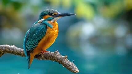 A colorful kingfisher sits on a branch, its vivid plumage standing out against the soft-focus background of green foliage and water.