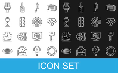 Set line Car tire wheel, key with remote, Power car engine, muffler, Canister for motor machine oil, air filter and Alloy icon. Vector