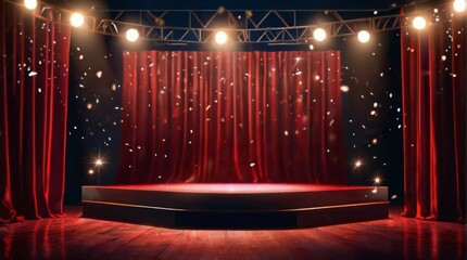 Empty Stand-Up comedy platform with falling red confetti under the glare of the spotlight. Design and advertising signage banner concept