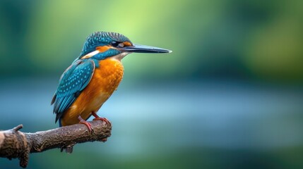 Perched on a branch amidst the soft-focus backdrop of green foliage and water, a colorful kingfisher stands out with its vivid plumage, adding a burst of color to the tranquil scene.