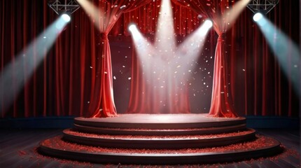 Empty Stand-Up comedy platform with falling red confetti under the glare of the spotlight. Design and advertising signage banner concept