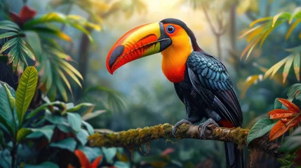 Papier Peint photo autocollant Toucan Perched among the lush foliage of a dense tropical rainforest, a vividly colored toucan with a striking beak adds a burst of color to the vibrant canopy, showcasing the rich biodiversity of the jungle