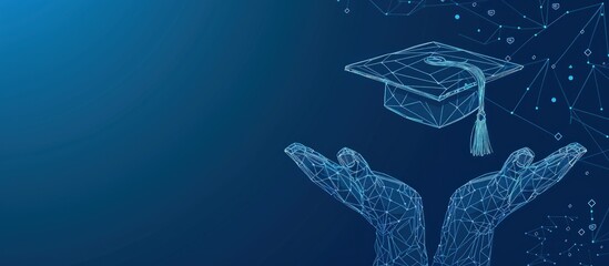 Futuristic e learning wireframe hands holding a open book in blue background. AI generated image