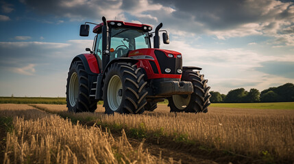 Big red tractor in field, agricultural machine in rural countryside