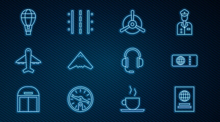 Set line Passport, Airline ticket, Plane propeller, Jet fighter, Hot air balloon, Headphones with microphone and Airport runway icon. Vector
