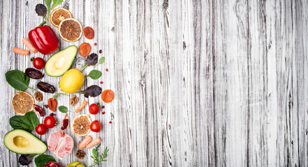 Fresh Ingredients for Nutritious Eating on a Wooden Background. Plant based diet. Copy space