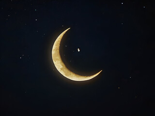 Obraz na płótnie Canvas A crescent moon shining brightly in the night sky, symbolizing the start of Eid al-Fitr.