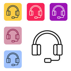 Black line Headphones icon isolated on white background. Earphones. Concept for listening to music, service, communication and operator. Set icons in color square buttons. Vector