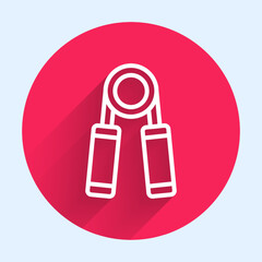 White line Sport expander icon isolated with long shadow. Sport equipment. Red circle button. Vector