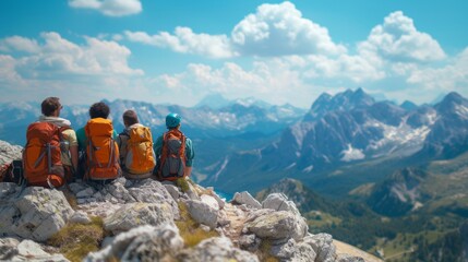 A group of hikers taking a break on a rocky mountaintop, enjoying a panoramic view