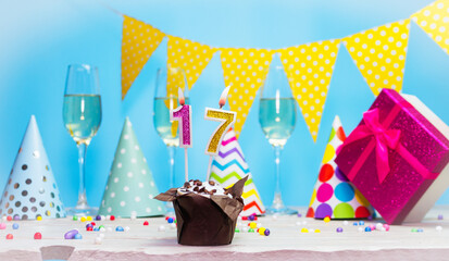 Date of birth for woman or girl with birthday box. Pie with number of candles  17. Anniversary...