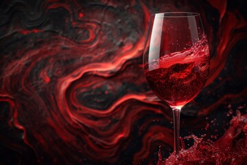 Dynamic splash of red wine in a glass, set against a dark, moody backdrop