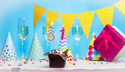 Date of birth for woman or girl with birthday box. Pie with number of candles  31. Anniversary...