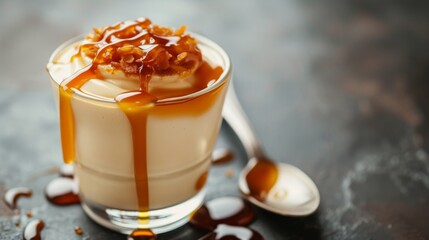A luscious butterscotch pudding served in a glass, drizzled with caramel sauce
