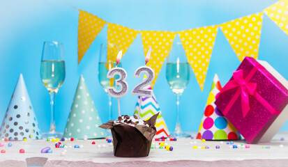 Date of birth for woman or girl with birthday box. Pie with number of candles  32. Anniversary...