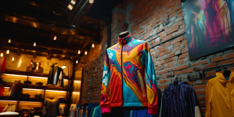 Crazy colorful jacket on the mannequin at a loft style luxory clothes shop with brick wall and edison bulbs fictive high end clothes brand
