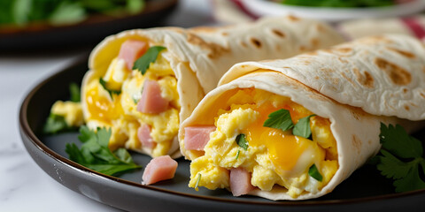 Breakfast tortilla rolls with scrambled egg ham and melted cheese - Powered by Adobe