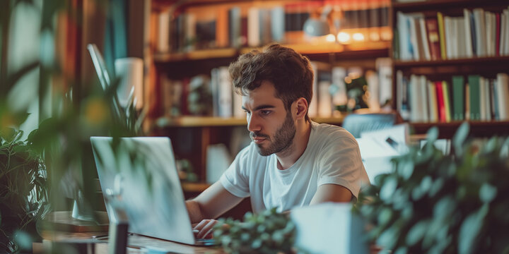 young handsome man working at the office front of the computer