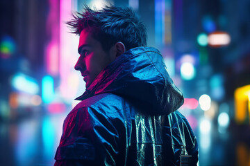 Obraz premium Ai generated picture image of male cyborg personage in a cyberpunk city illuminated neon colors