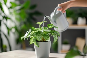 scene as a person gracefully pours water into a potted plant, bringing vitality to both foliage and soul.