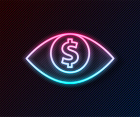 Fototapeta premium Glowing neon line Eye with dollar icon isolated on black background. Vector