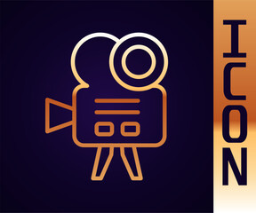 Gold line Retro cinema camera icon isolated on black background. Video camera. Movie sign. Film projector. Vector