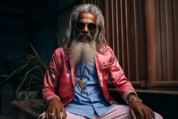 Fototapeta na wymiar Portrait of a bearded Indian man in a red jacket and sunglasses