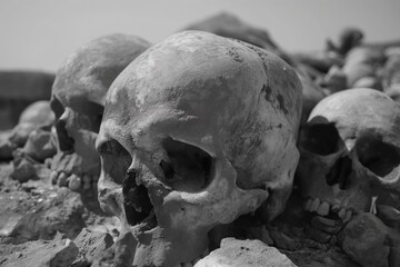 A mesmerizing photo capturing a multitude of skulls arranged amidst the earth, evoking a mysterious and timeless allure.