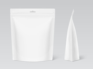 Realistic stand up pouch bag with hang slot mockup with shadow. Front and side view. Vector illustration isolated on grey background. Easy to make a realistic mockup of your product. EPS10.