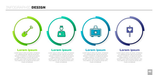 Set Shovel, Male doctor, First aid kit and Location with heart. Business infographic template. Vector