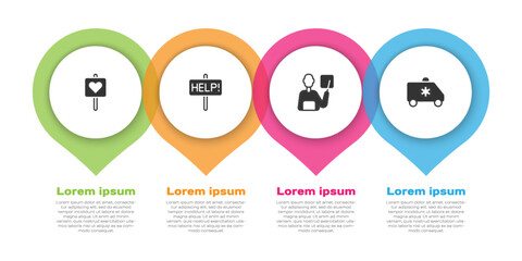 Fototapeta premium Set Location with heart, Help sign, Teacher and Emergency car. Business infographic template. Vector