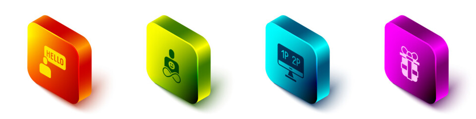 Set Isometric Acquaintance, Friends forever, Computer monitor screen and Gift box icon. Vector