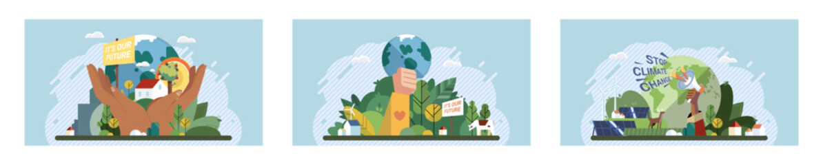 Climate change. Save the planet. Vector illustration Addressing climate change requires comprehensive and coordinated response Earth pollutions effects highlight need for sustainable practices - obrazy, fototapety, plakaty