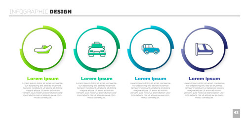 Set Rafting boat, Taxi car, Off road and Train and railway. Business infographic template. Vector