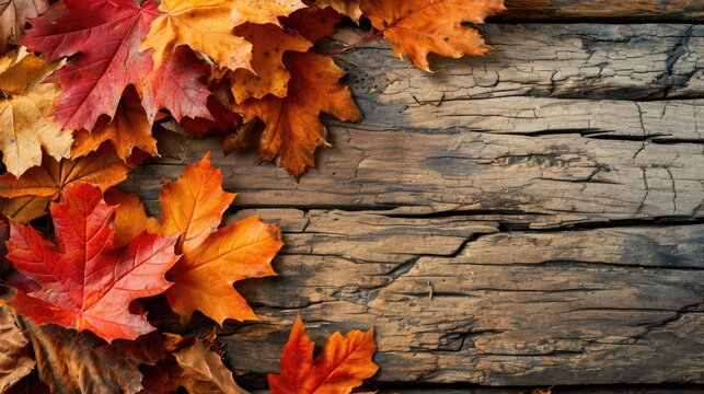 Rustic Autumn Frame: Sugar Maple Leaves on Weathered Wood Background