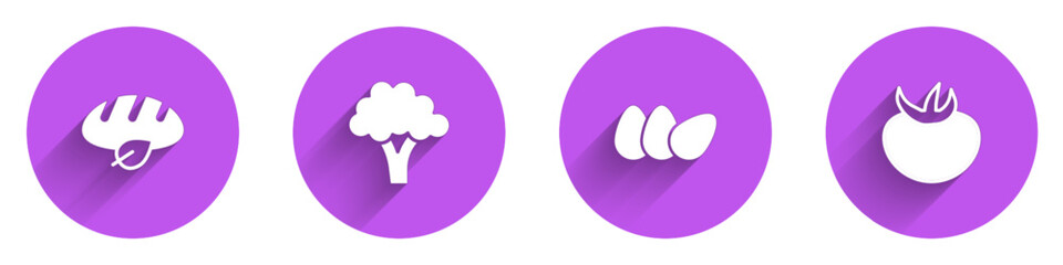Set Vegan bread loaf, Broccoli, Chicken egg and Tomato icon with long shadow. Vector