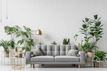 Modern Scandinavian Living Room Interior with Grey Sofa, Golden Lamp and Greenery Plants in Pots on White Wall Background