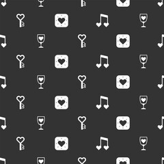 Set Music note, tone with hearts, Glass of champagne, Key in shape and Heart on seamless pattern. Vector
