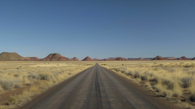 Bare-bones depiction of the Painted Desert, featuring a solitary road under a vast blue sky, to underscore the vastness and solitude.