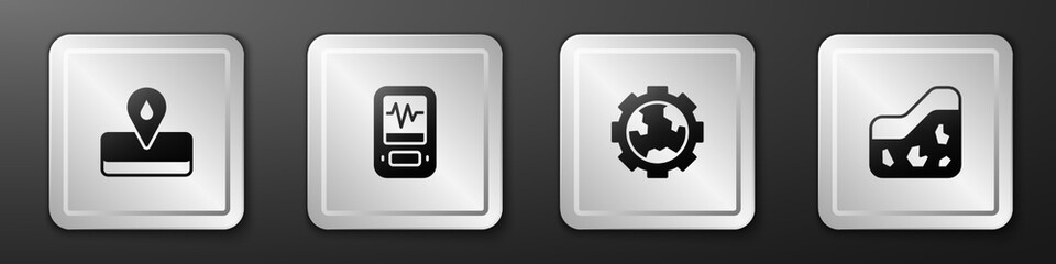 Set Oilfield, Seismograph, Gear wheels and earth and Ground icon. Silver square button. Vector