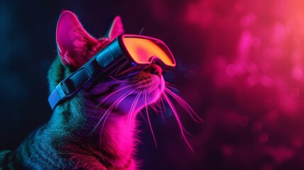 Techno cat in neon VR wonderland. Cat wearing VR glasses against a vibrant neon backdrop