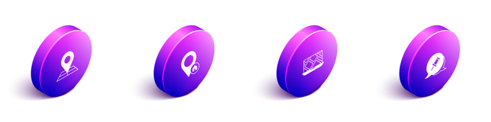 Set Isometric Folded map with location marker, Location house, City navigation and Push pin icon. Vector