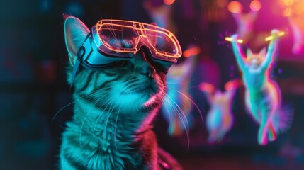 Virtual reality immersion concept. A cat in VR headset looks at glowing holographic dancing cats on a dark background.