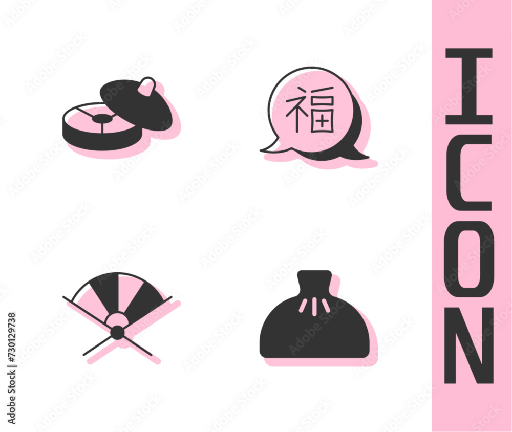 Wall mural Set Dumpling, Chinese tea ceremony, Traditional paper fan and New Year icon. Vector