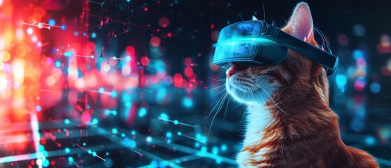 Cat with VR headset immersed in holographic cityscape. Virtual reality immersion concept