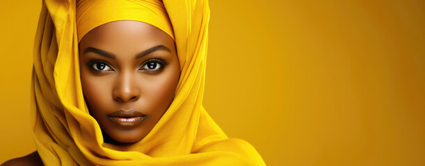 Close up of beautiful afro american woman with make up in yellow turban. Beauty make up or skincare concept banner