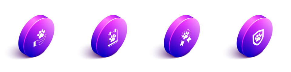 Set Isometric Hands with animals footprint, Calendar grooming, Pet award symbol and Animal health insurance icon. Vector