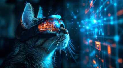 Cat Immersed in virtual data space. Cat in VR goggles, digital world