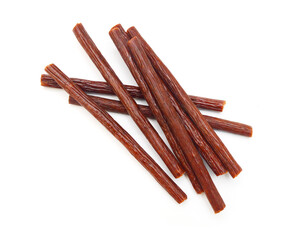 Smoked thin sausages, isolated on white