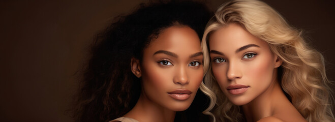 Beauty concept banner, natural beauty. Beautiful blond caucasian woman with african ameriacan woman on long brown background, copy space for text.